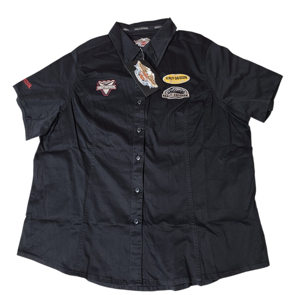 Harley-Davidson Women's Black Mechanic Patches Button Up Short Sleeve Shirt 2XL